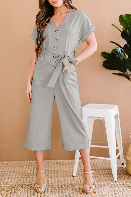 Button Front Belted Cropped Jumpsuit with Pockets