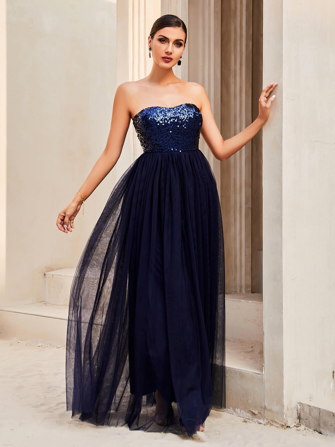 Sequin Strapless Spliced Tulle Dress