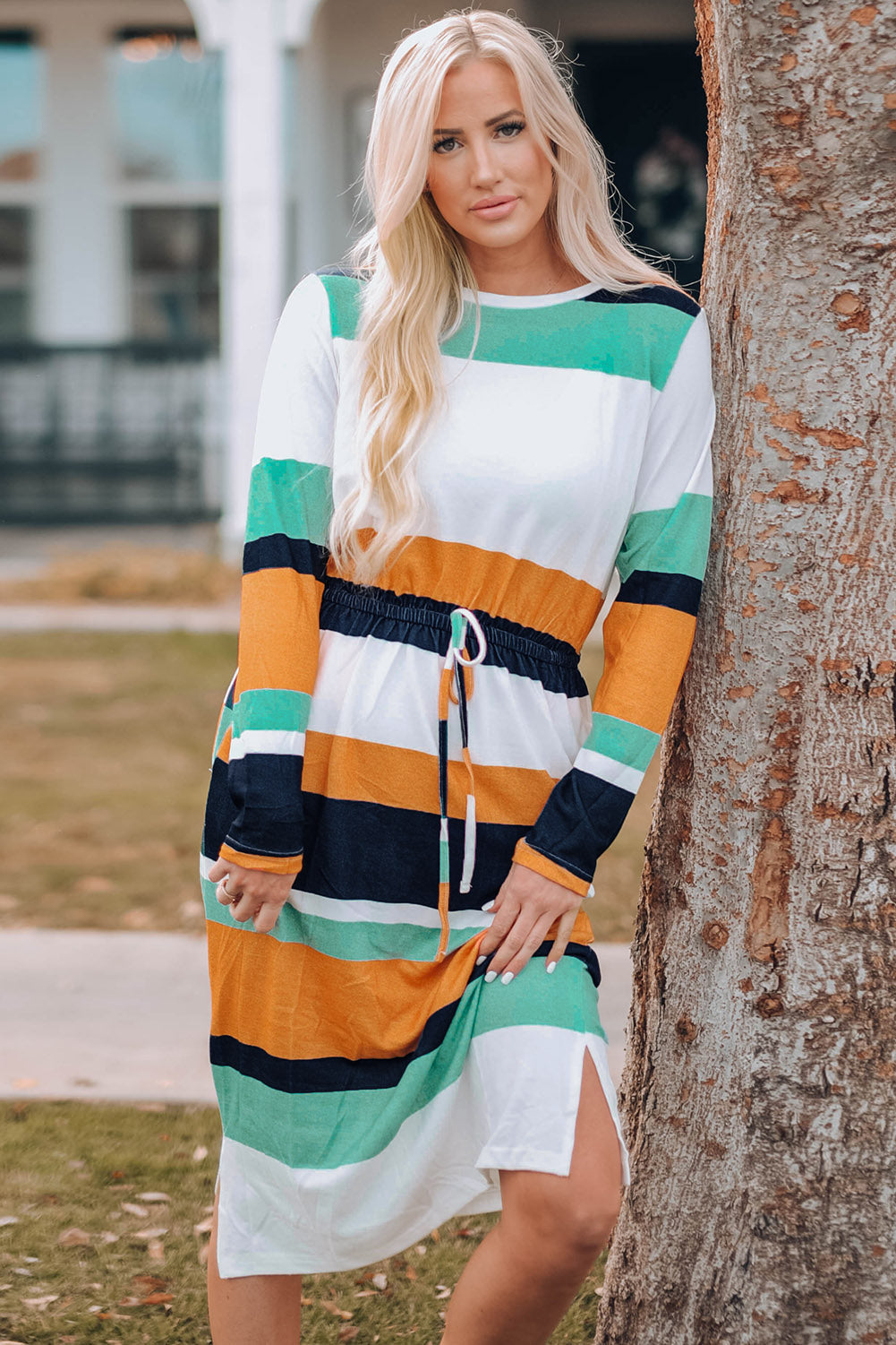 Striped Drawstring Waist Side Slit Midi Dress