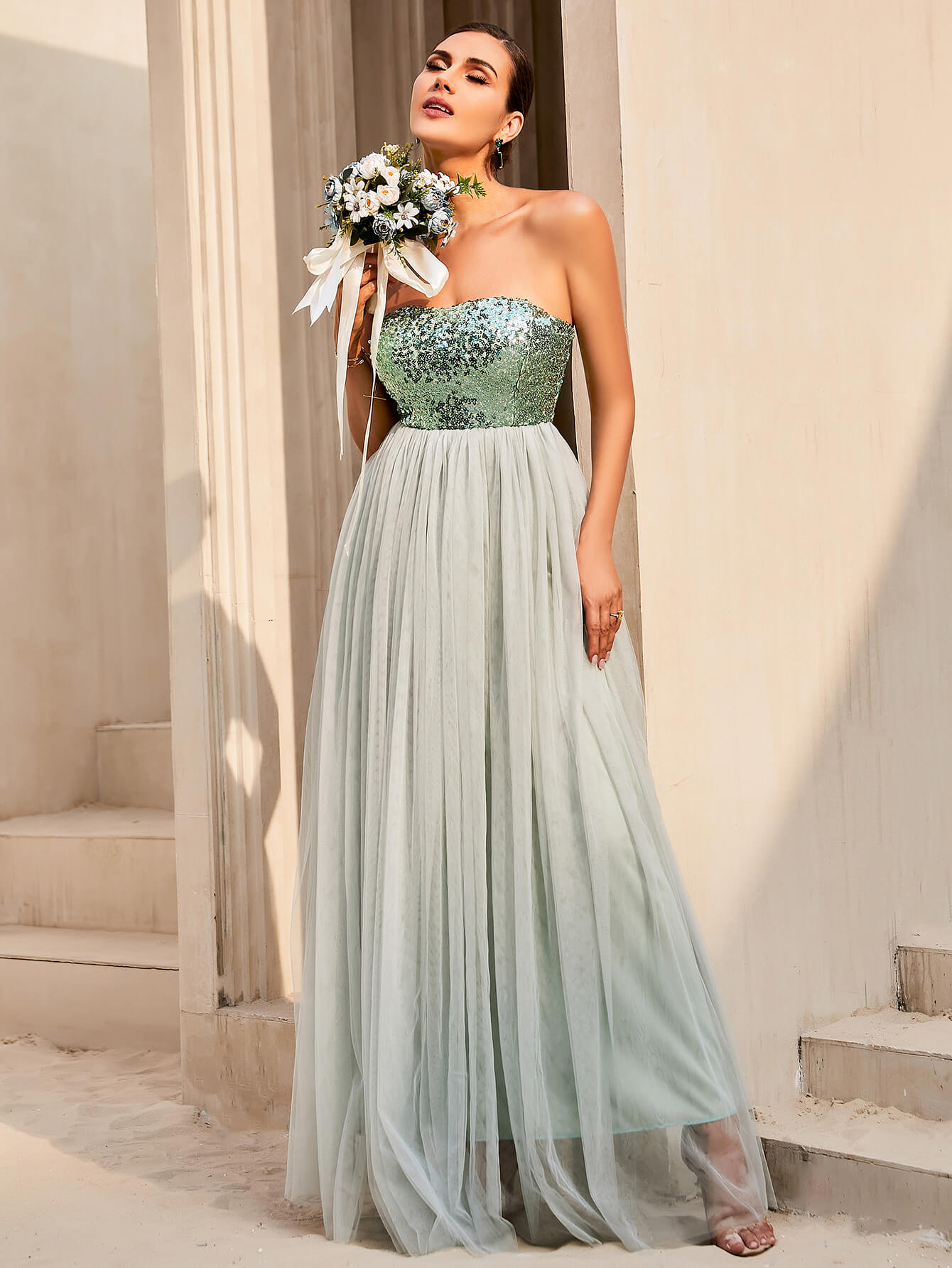 Sequin Strapless Spliced Tulle Dress