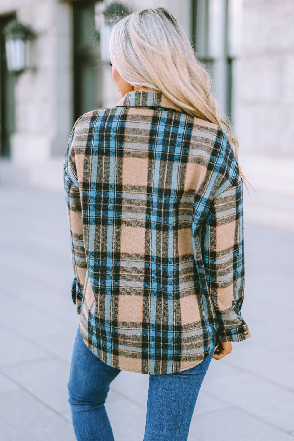 Plaid Curved Hem Shirt Jacket with Breast Pockets