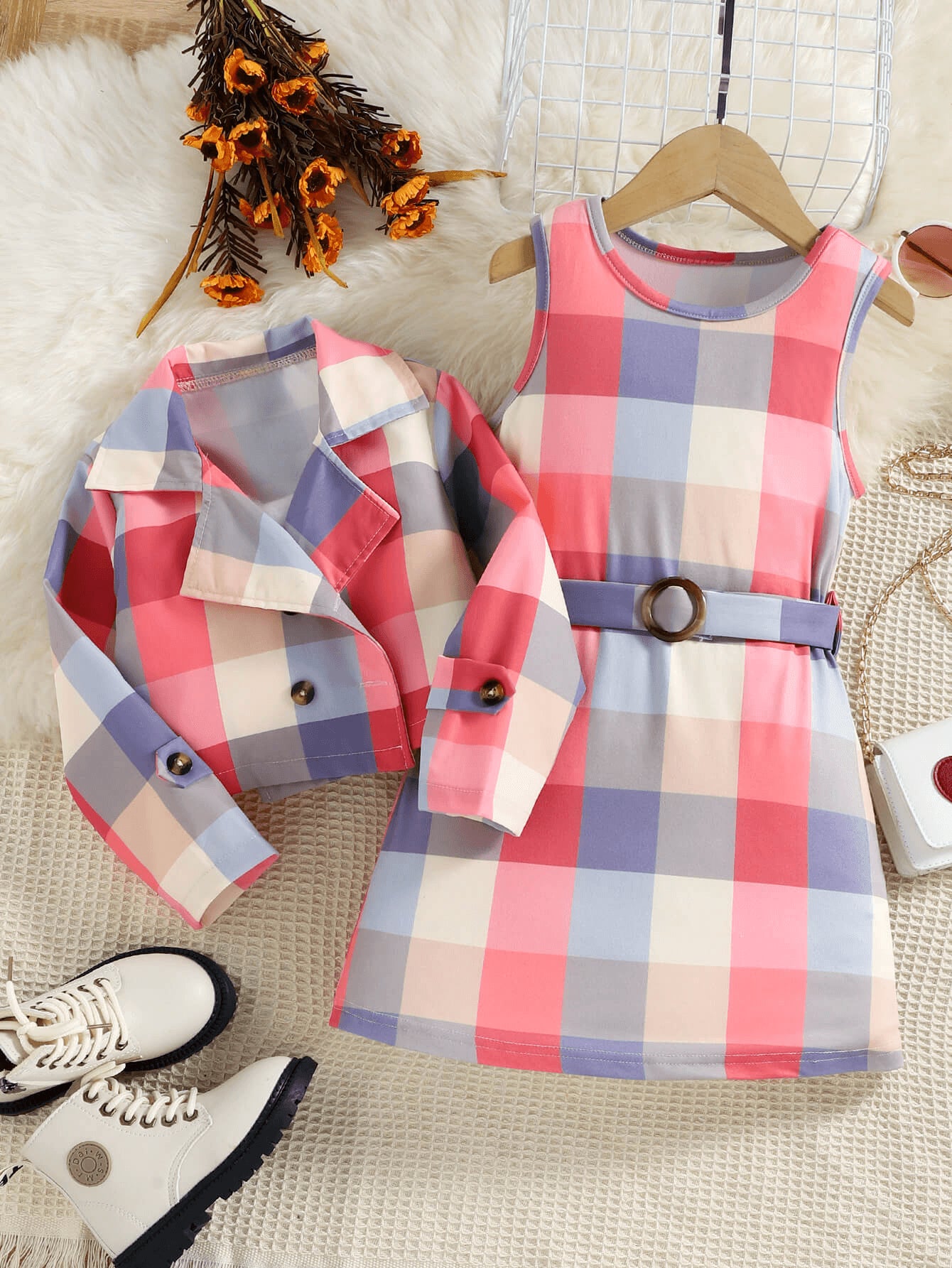 Girls Plaid Jacket and Sleeveless Dress Set