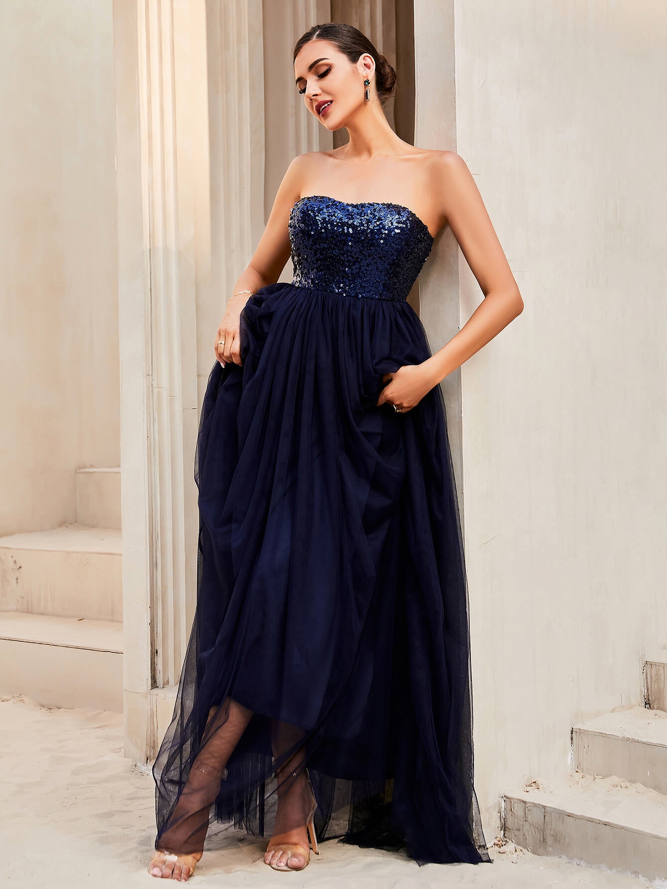 Sequin Strapless Spliced Tulle Dress