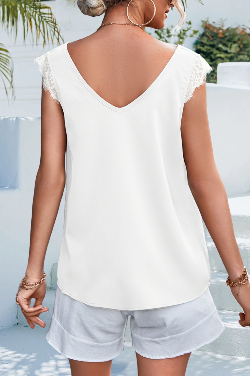 Lace Detail Eyelash Trim V-Neck Tank