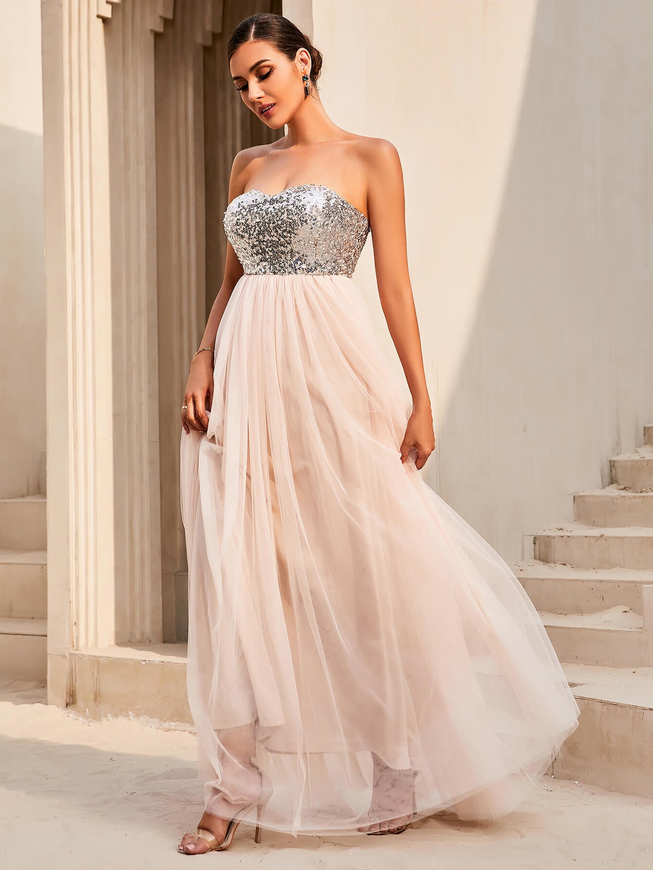 Sequin Strapless Spliced Tulle Dress