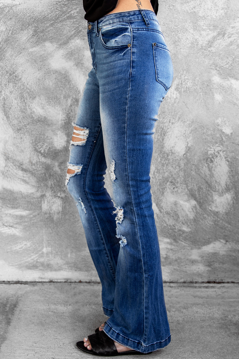 Distressed Flare Leg Jeans with Pockets