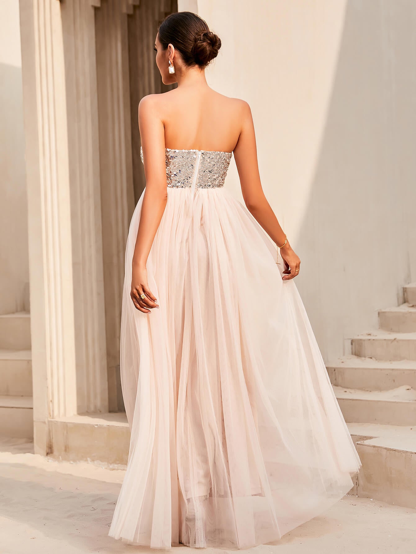 Sequin Strapless Spliced Tulle Dress