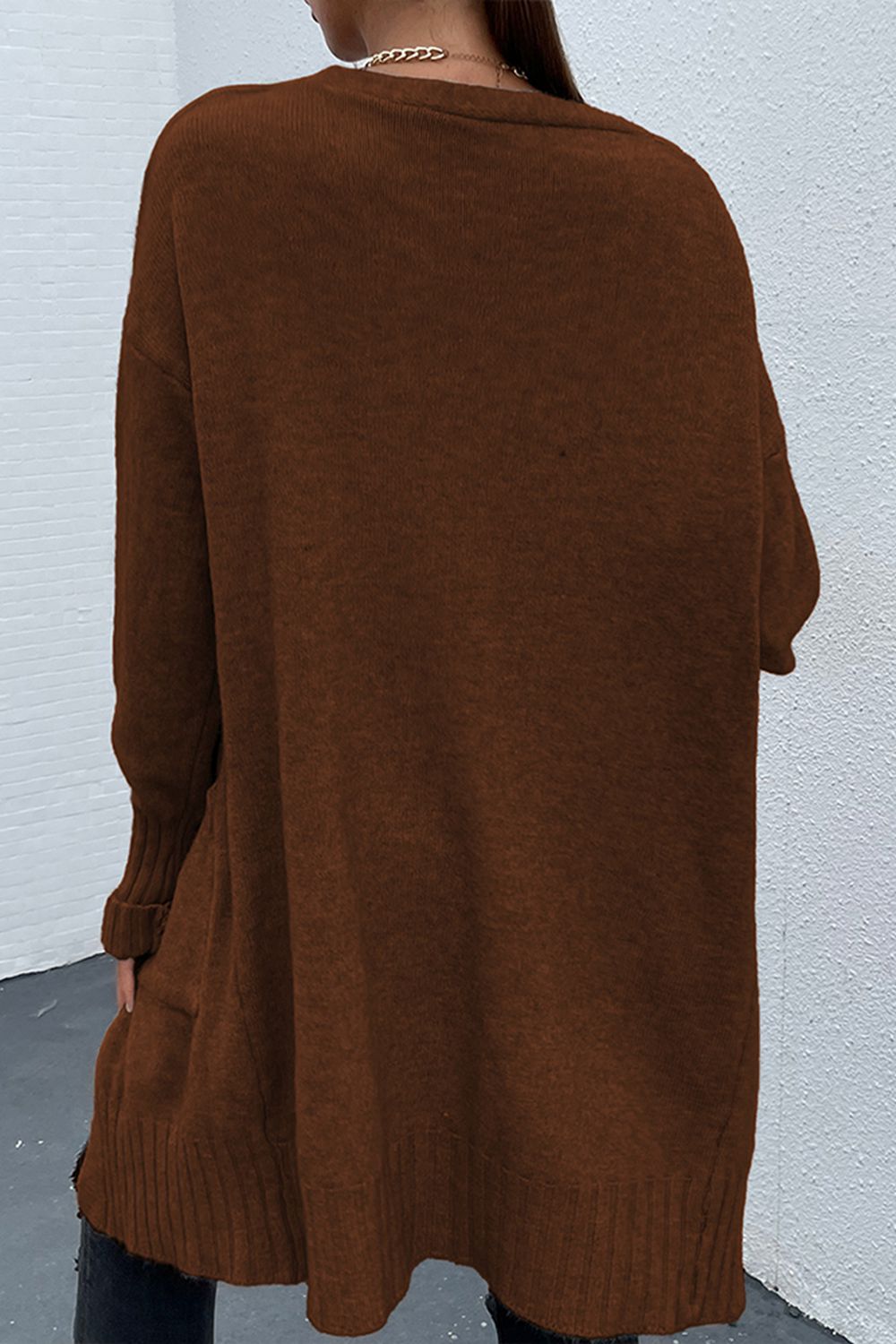 Open Front Dropped Shoulder Pocketed Cardigan