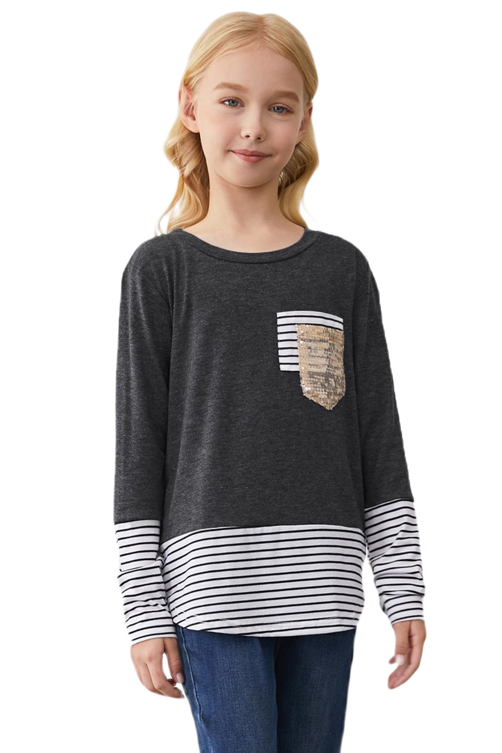 Girls Striped Color Block Sequin Pocket Top