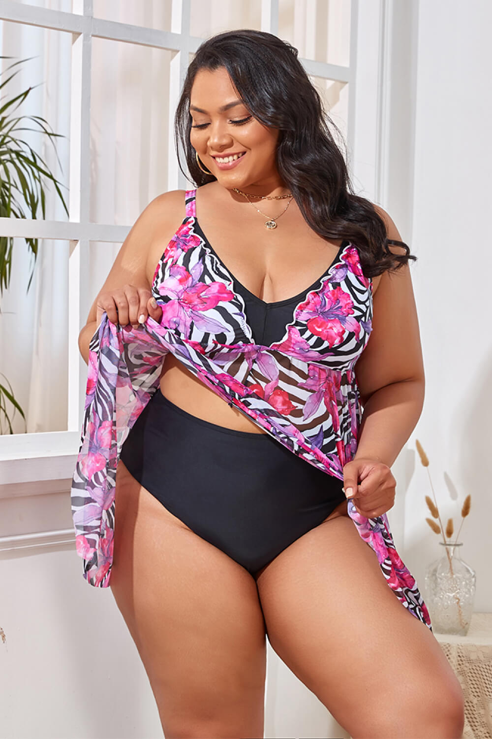 Plus Size Printed Spaghetti Strap V-Neck Two-Piece Swim Set