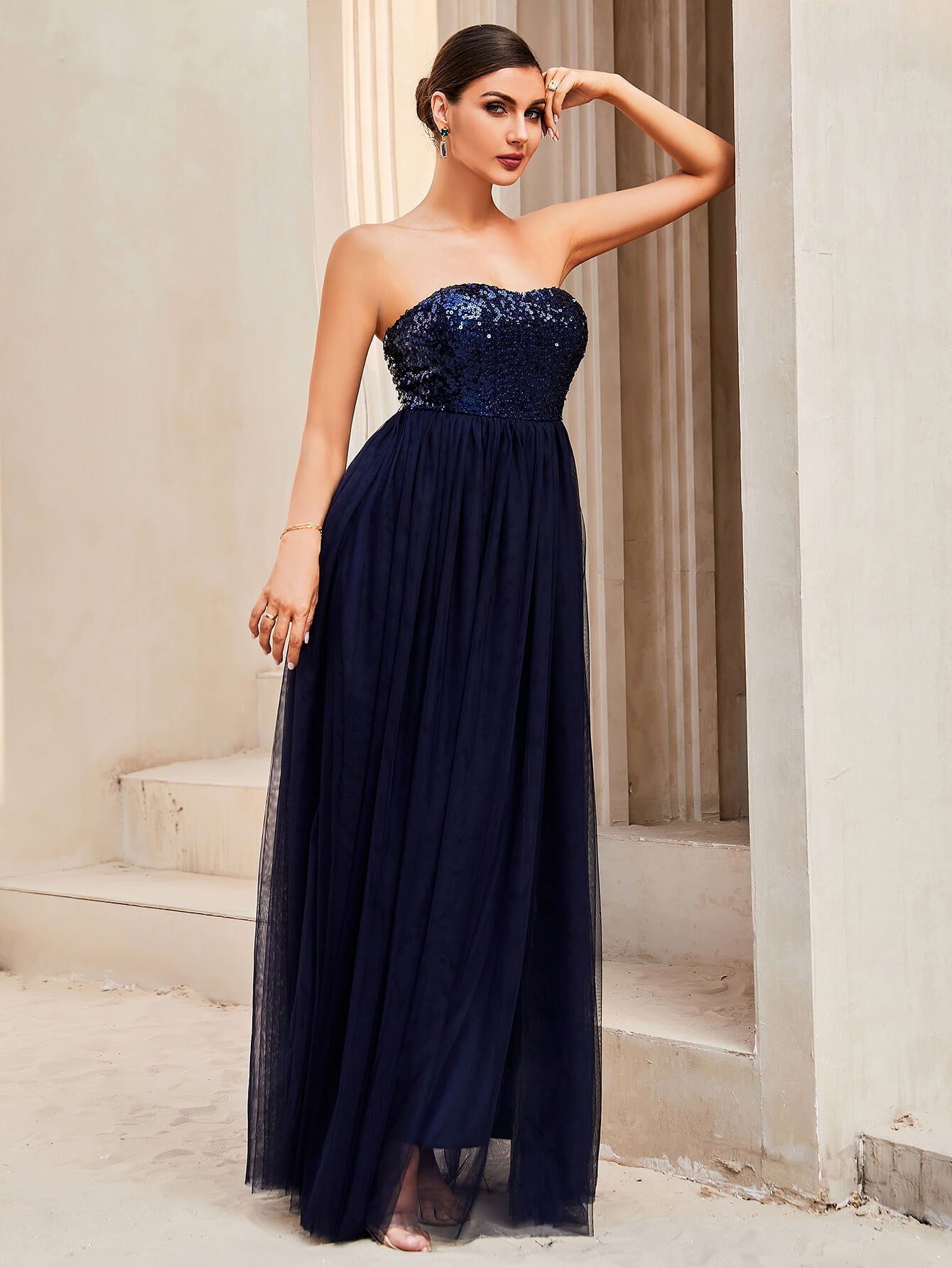 Sequin Strapless Spliced Tulle Dress