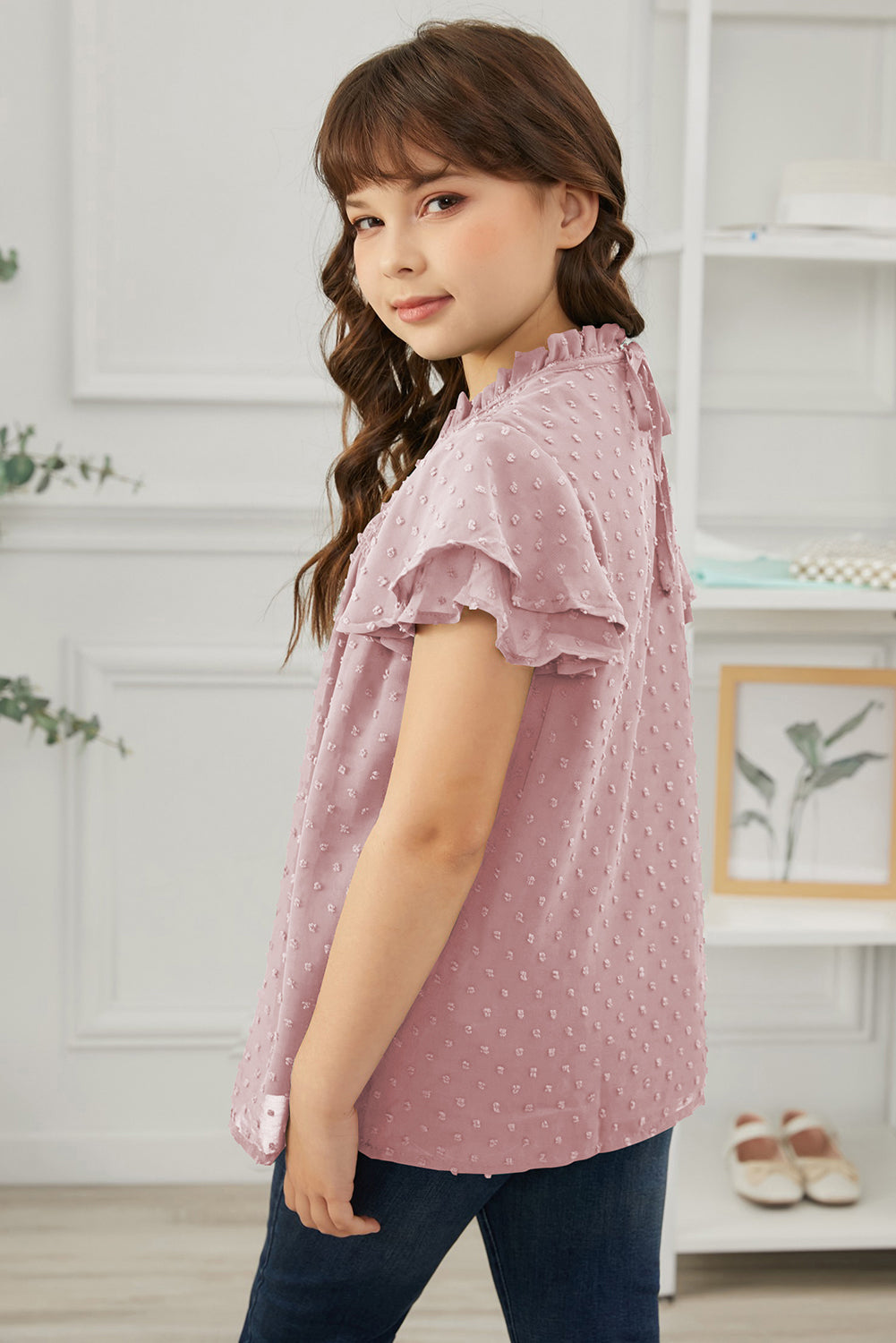 Girls Swiss Dot Smocked Flutter Sleeve Blouse